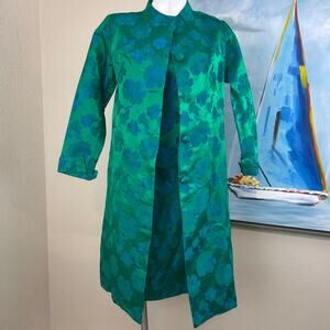 Mid-century green and blue iridescent jacquard silk swing coat and dress